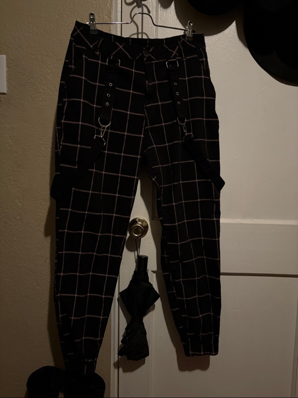 Hot Topic Black Windowpane Cargo Pants with Strap Hardware
